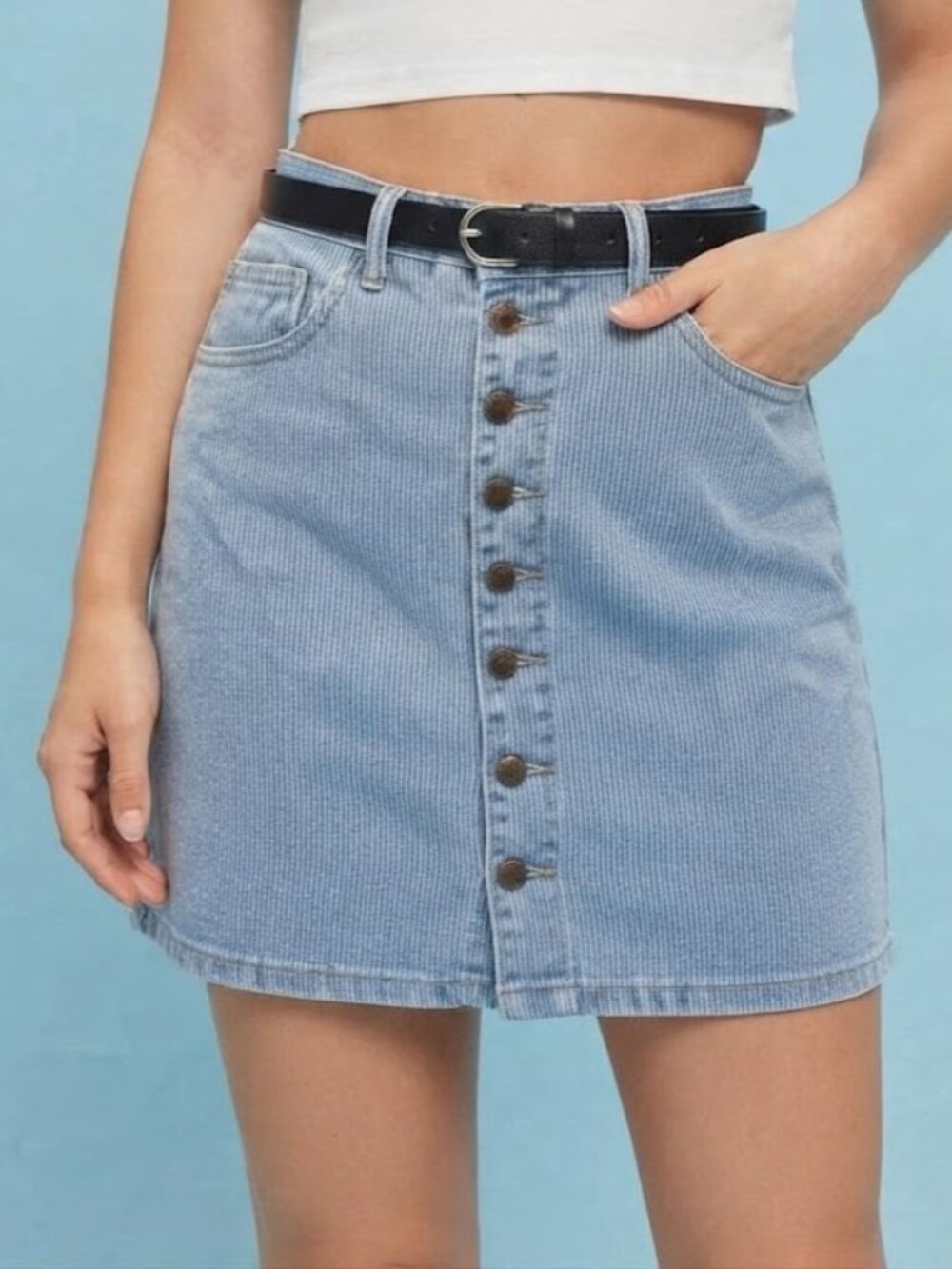 Vintage Light Blue Button-Front Denim Mini Skirt